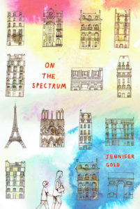 Stylized Paris landmarks on top of a multi-coloured backgroun.